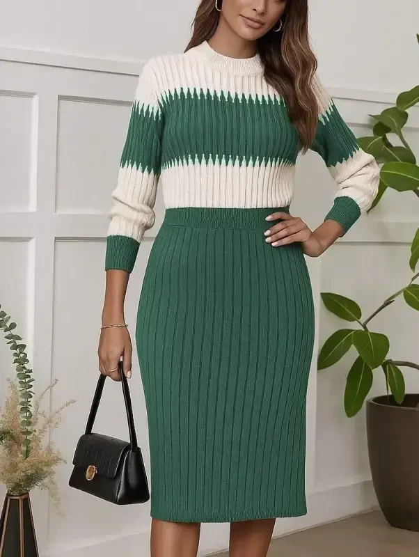 Women's Long Sleeve Knit Skirt Set - 1
