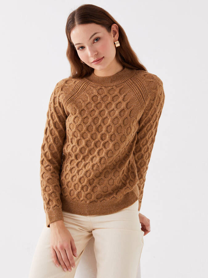 Women's Long Sleeve Knit Sweater with Bicycle Neck and Self-Design - 8