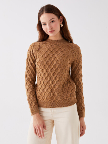 Women's Long Sleeve Knit Sweater with Bicycle Neck and Self-Design - 9