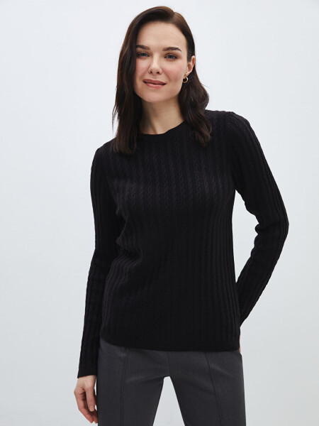 Women's Long Sleeve Knit Sweater with Bike Neck and Self Design - 2