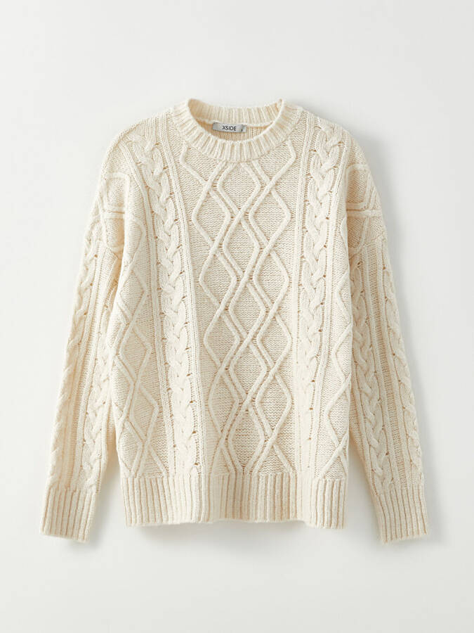 Women's Long Sleeve Knit Sweater with Self-Patterned Bicycle Neck - 7