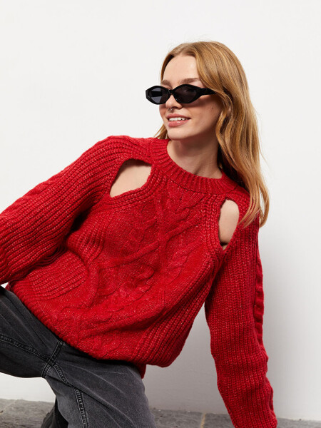 Women's Long Sleeve Knit Sweater with Self-Patterned Crew Neck - 13