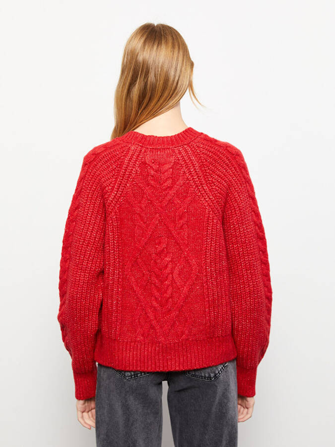 Women's Long Sleeve Knit Sweater with Self-Patterned Crew Neck - 21