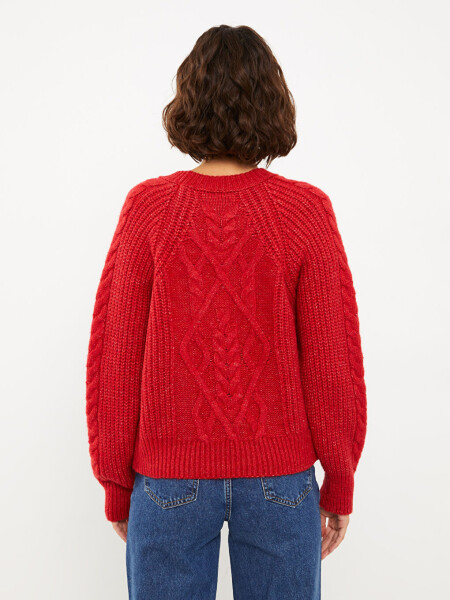 Women's Long Sleeve Knit Sweater with Self-Patterned Crew Neck - 22