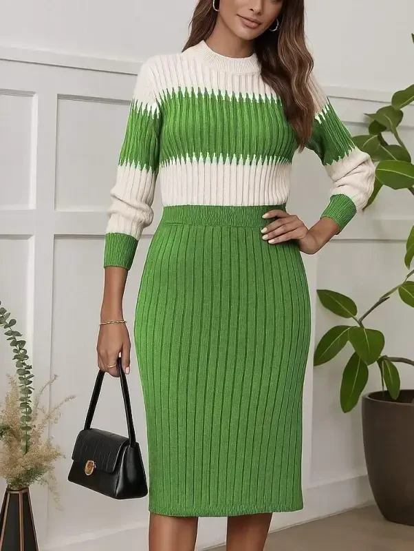 Women's Long Sleeve Knitted Skirt Set - 1