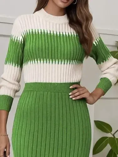 Women's Long Sleeve Knitted Skirt Set - 2