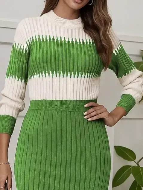 Women's Long Sleeve Knitted Skirt Set - 2