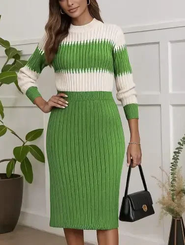 Women's Long Sleeve Knitted Skirt Set - 3
