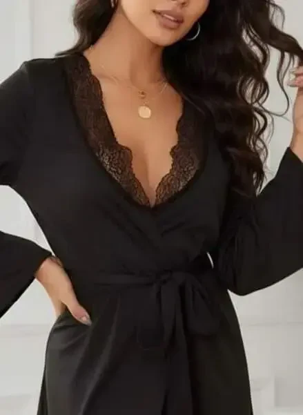 Women's Long Sleeve Lace Collar Belted Viscose Nightgown - 2