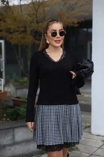 Women's Long Sleeve Lace Collar Plaid Skirt Detail Knee Length Dress - BÜYÜKBEDENIZ