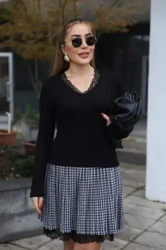 Women's Long Sleeve Lace Collar Plaid Skirt Detail Knee Length Dress - BÜYÜKBEDENIZ (1)