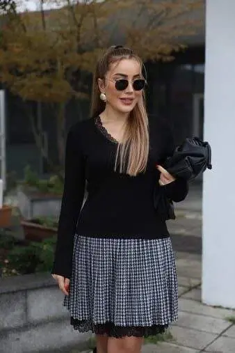 Women's Long Sleeve Lace Collar Plaid Skirt Detail Knee Length Dress - 4