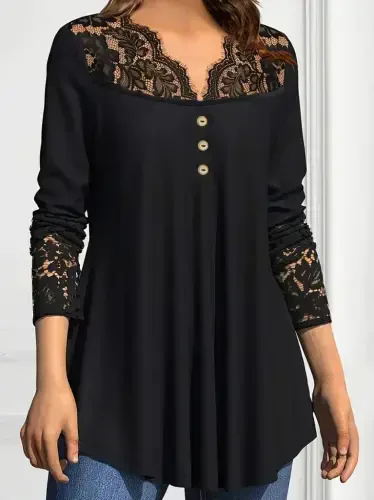 Women's Long Sleeve Lace Detail Buttoned Viscose Blouse - 4