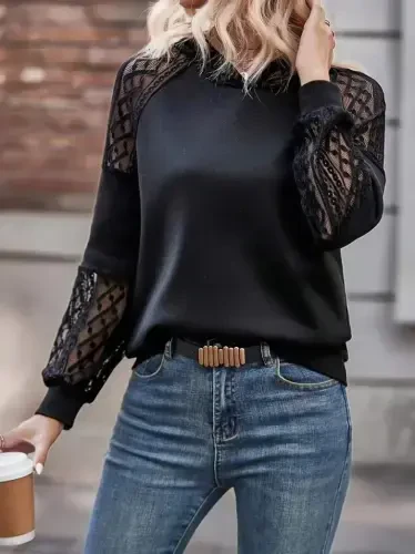 Women's Long Sleeve Lace Hooded Viscose Two Thread Blouse - BÜYÜKBEDENIZ (1)