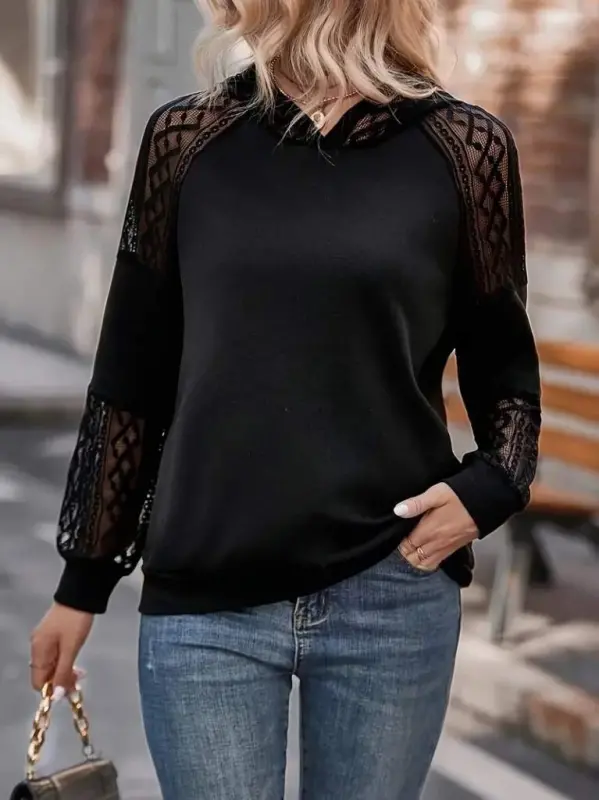Women's Long Sleeve Lace Hooded Viscose Two Thread Blouse - 4