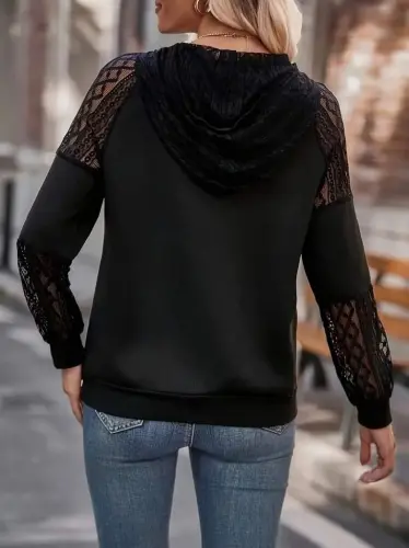 Women's Long Sleeve Lace Hooded Viscose Two Thread Blouse - 5