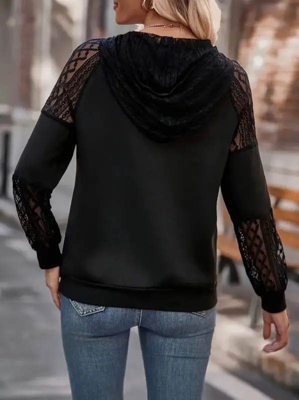 Women's Long Sleeve Lace Hooded Viscose Two Thread Blouse - 5