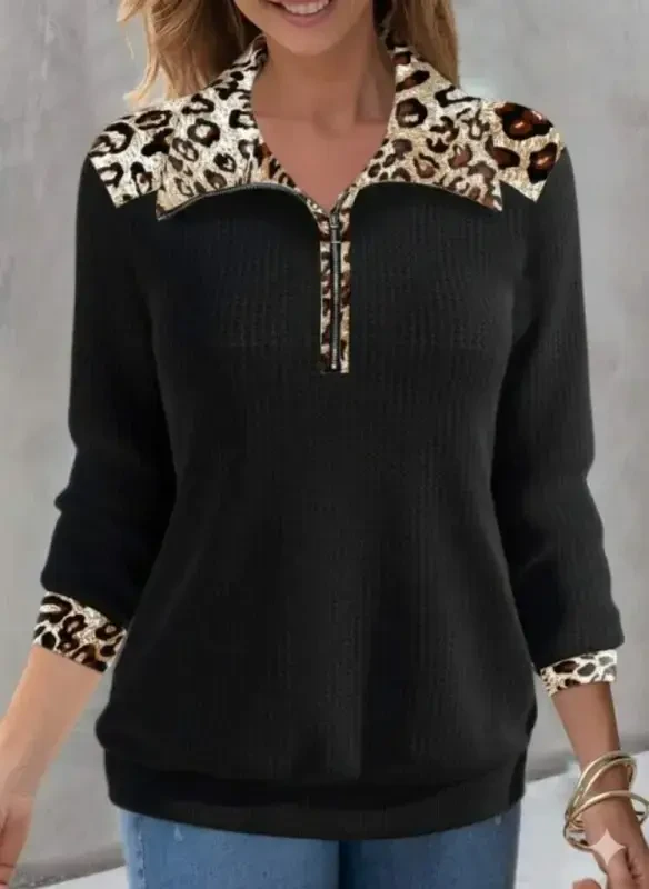 Women's Long Sleeve Leopard Collar Zipper Waffle Blouse - BÜYÜKBEDENIZ