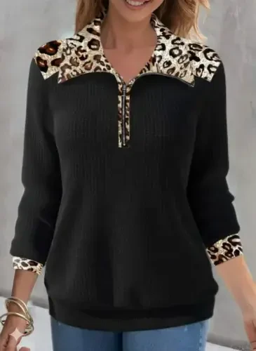 Women's Long Sleeve Leopard Collar Zipper Waffle Blouse - 3