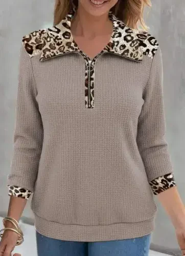 Women's Long Sleeve Leopard Collar Zipper Waffle Blouse - 3