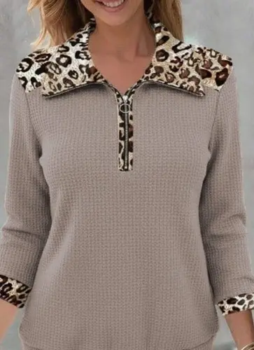 Women's Long Sleeve Leopard Collar Zipper Waffle Blouse - BÜYÜKBEDENIZ (1)