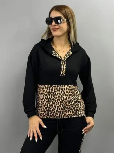 Women's Long Sleeve Leopard Detail Sweat And Side Leopard Stripe Detail Pants Set - 5