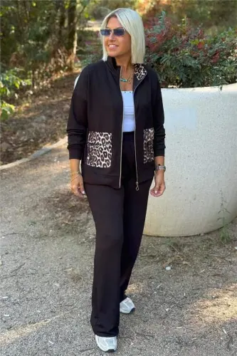 Women's Long Sleeve Leopard Pocket Detail Modal Fabric Two Piece Set - 3