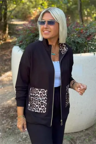 Women's Long Sleeve Leopard Pocket Detail Modal Fabric Two Piece Set - 4