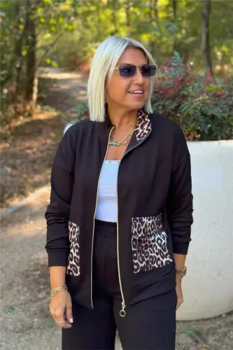 Women's Long Sleeve Leopard Pocket Detail Modal Fabric Two Piece Set - 5