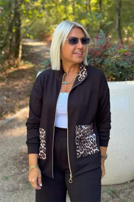 Women's Long Sleeve Leopard Pocket Detail Modal Fabric Two Piece Set - 5