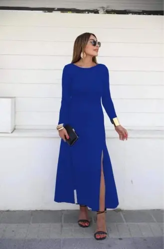 Women's Long Sleeve Light Boat Neck Back Detailed Slit Detailed Viscose Maxi Dress - 1