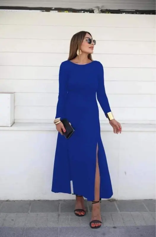 Women's Long Sleeve Light Boat Neck Back Detailed Slit Detailed Viscose Maxi Dress - 1