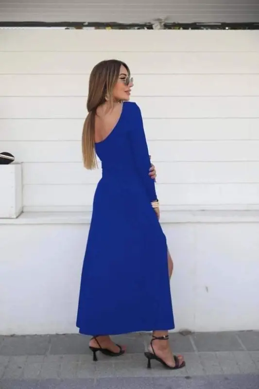 Women's Long Sleeve Light Boat Neck Back Detailed Slit Detailed Viscose Maxi Dress - 2