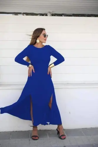 Women's Long Sleeve Light Boat Neck Back Detailed Slit Detailed Viscose Maxi Dress - 3