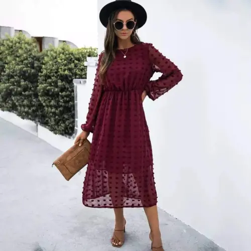 Women's Long Sleeve Lining Detail Offer product Pompon chiffon Dress - 1