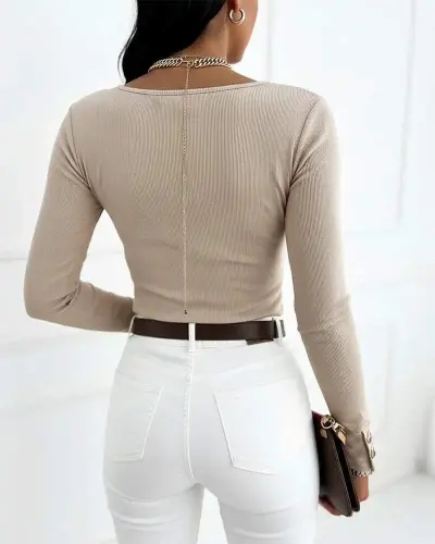 Women's Long Sleeve Low Cut and Button Detail Ribbed Blouse - 3
