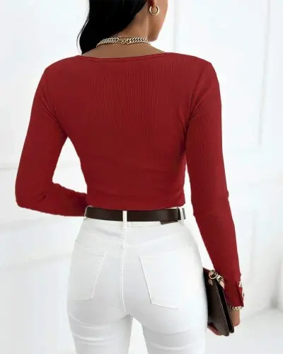 Women's Long Sleeve Low-Cut and Button Detailed Ribbed Blouse - 3
