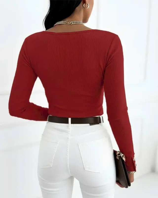 Women's Long Sleeve Low-Cut and Button Detailed Ribbed Blouse - 3