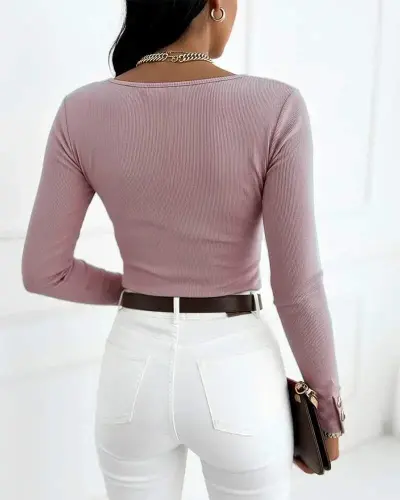 Women's Long Sleeve Low Cut And Button Detailed Ribbed Blouse - 3