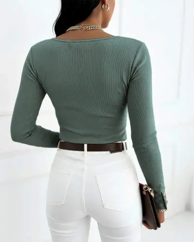 Women's Long Sleeve Low-Cut and Button Detailed Ribbed Knitted Sea Green Blouse - 3