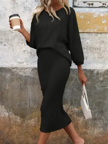 Women's Long Sleeve Low Cut Batwing Brushed Rib Knit Blouse And Skirt Set - 1