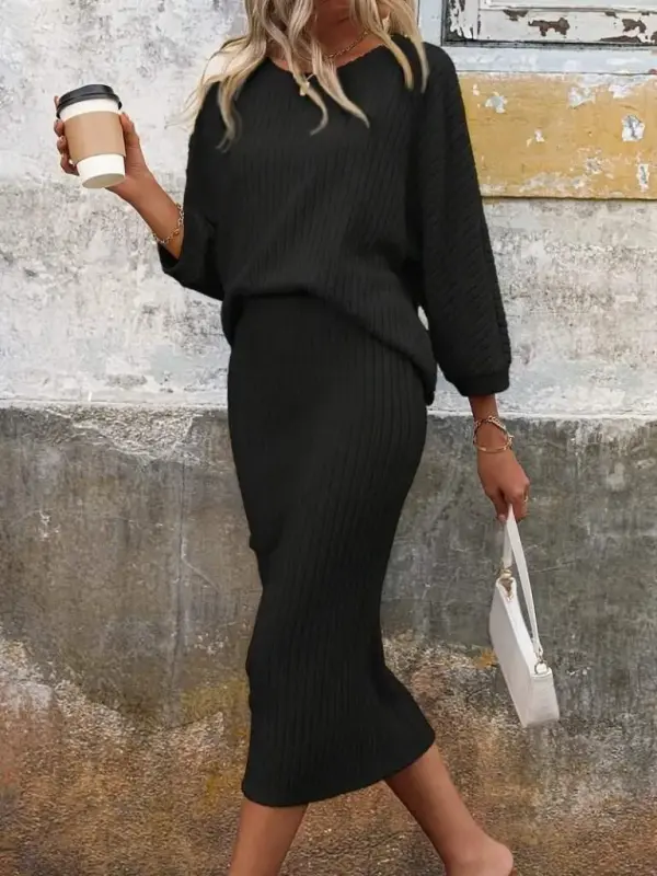 Women's Long Sleeve Low Cut Batwing Brushed Rib Knit Blouse And Skirt Set - 1