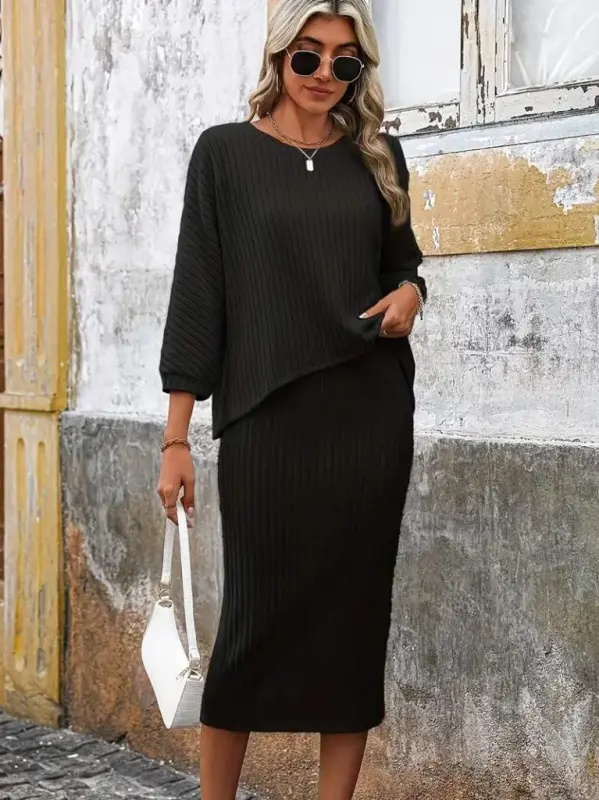 Women's Long Sleeve Low Cut Batwing Brushed Rib Knit Blouse And Skirt Set - 3