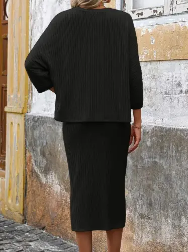 Women's Long Sleeve Low Cut Batwing Brushed Rib Knit Blouse And Skirt Set - 5