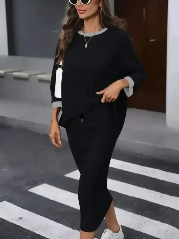 Women's Long Sleeve Low-Cut Fleece Lined Ribbed Blouse and Skirt with Drawstring Two Piece Set - BÜYÜKBEDENIZ