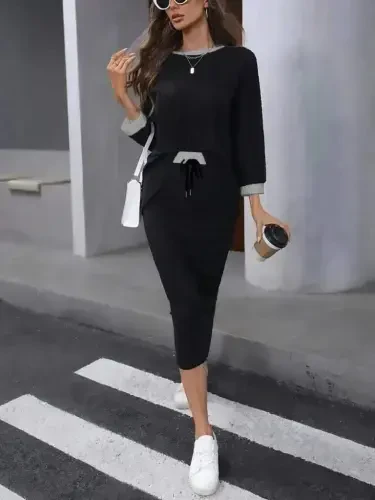 Women's Long Sleeve Low-Cut Fleece Lined Ribbed Blouse and Skirt with Drawstring Two Piece Set - BÜYÜKBEDENIZ (1)