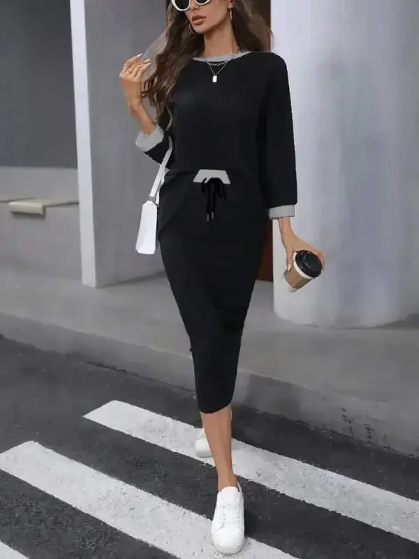 Women's Long Sleeve Low-Cut Fleece Lined Ribbed Blouse and Skirt with Drawstring Two Piece Set - 2