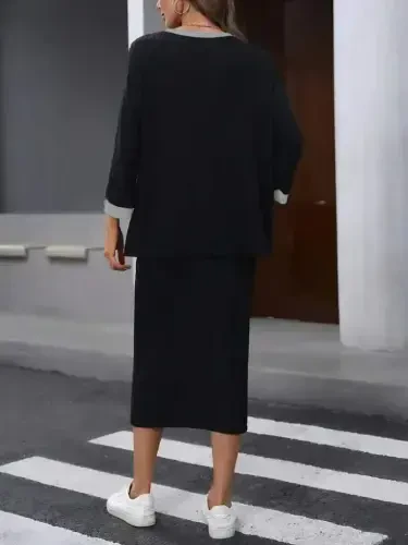 Women's Long Sleeve Low-Cut Fleece Lined Ribbed Blouse and Skirt with Drawstring Two Piece Set - 3