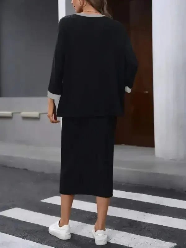 Women's Long Sleeve Low-Cut Fleece Lined Ribbed Blouse and Skirt with Drawstring Two Piece Set - 3