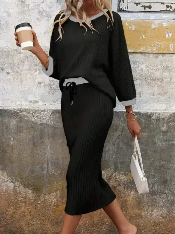 Women's Long Sleeve Low-Cut Fleece Lined Ribbed Blouse and Skirt with Drawstring Two Piece Set - 4